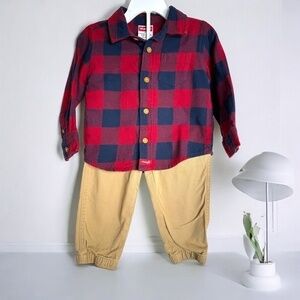 Wrangler Toddler Boys Long Sleeve Flannel Button-Up Shirt and Pants Set 18 Month
